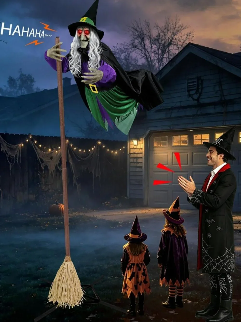 11.5 Ft Flying Witch Animatronic - Spooky Outdoor Halloween Decorations